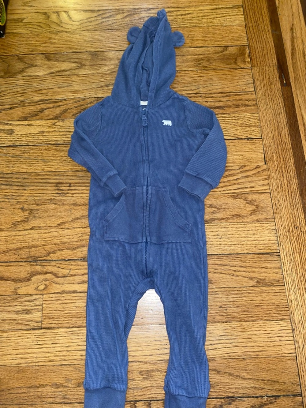 Carters Blue Hooded Thermal Baby One-Piece Romper with Bear Accent size 12 month